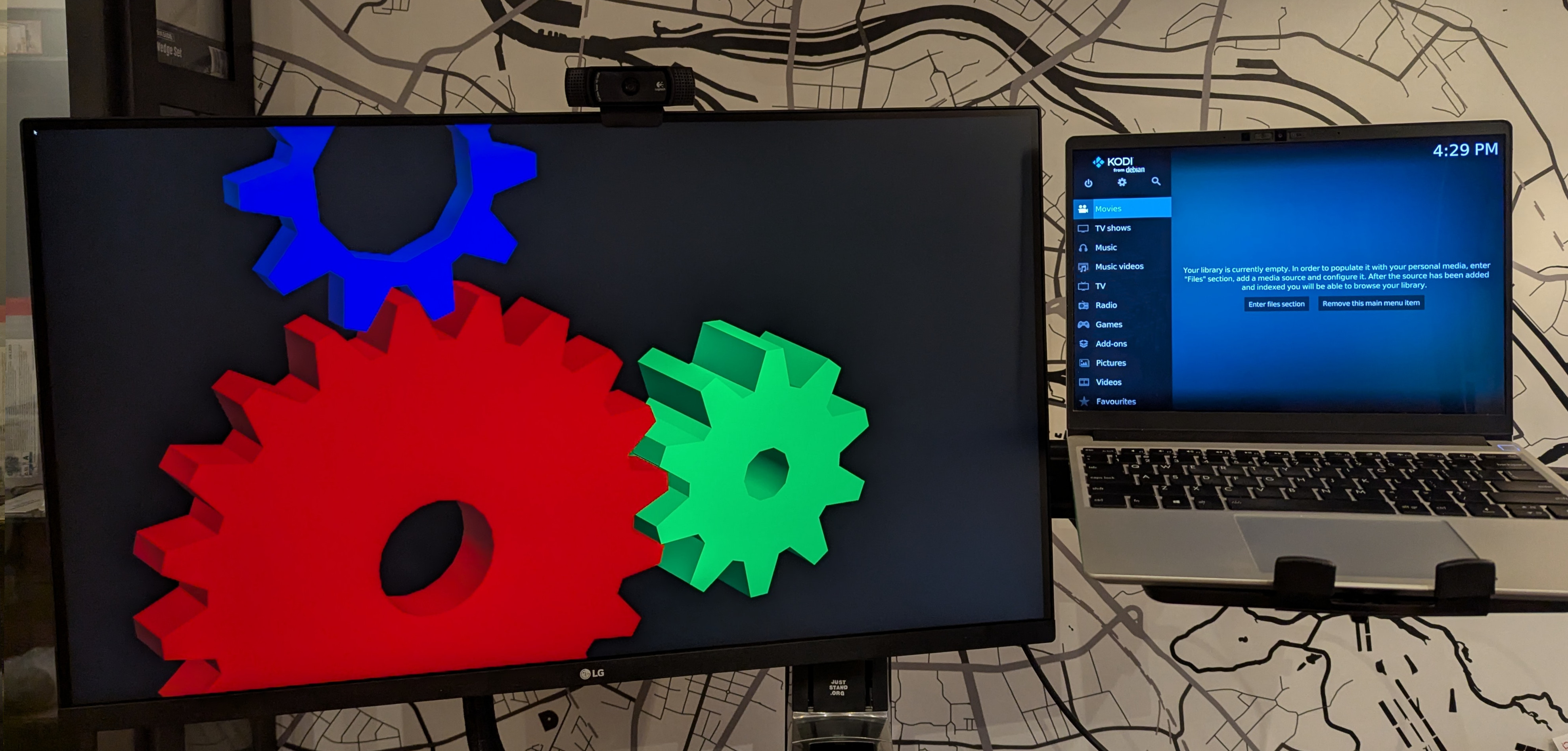 First display showing the example application, the second one - Kodi