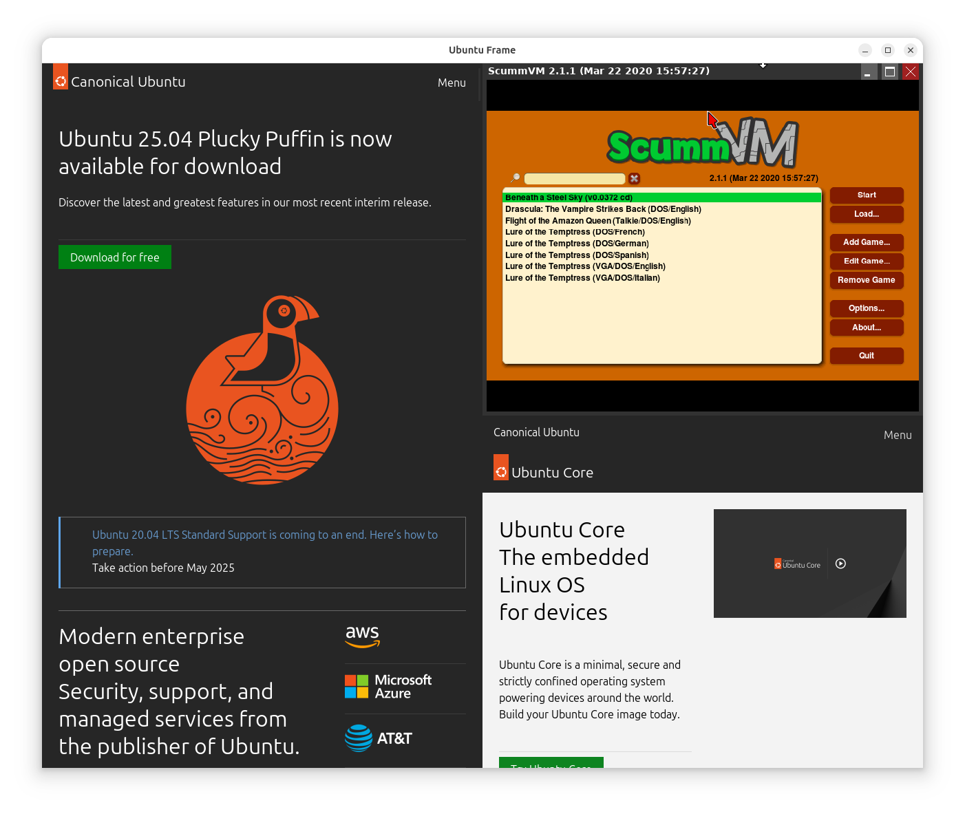 A screenshot of Ubuntu Frame showing three applications laid out in the configured grid